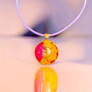 Handcrafted Yellow Daisy and Pink Artistic Pendant Necklace